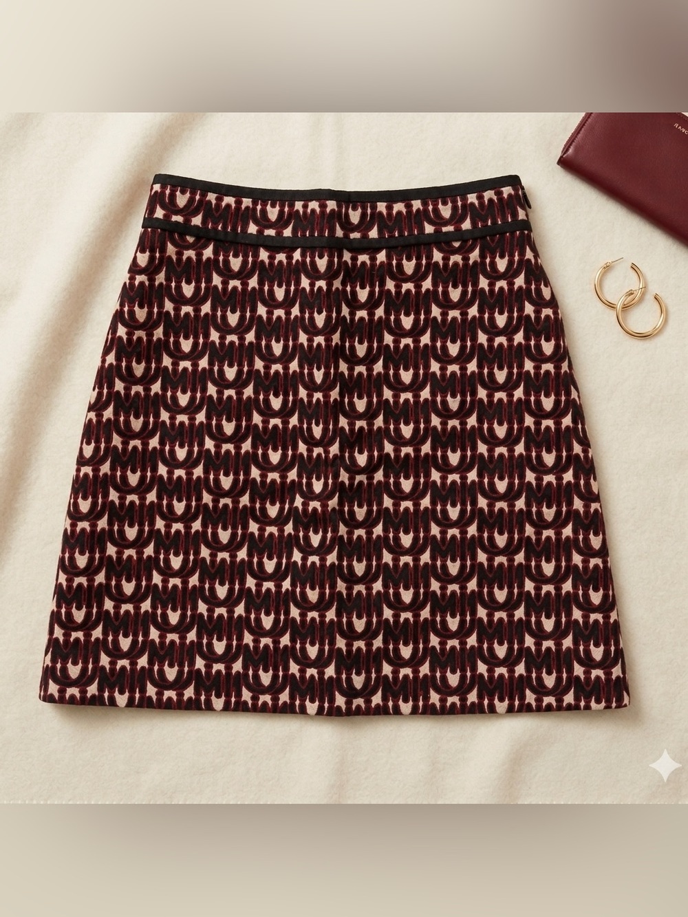 Miu Miu Burgundy, Black, and Cream Mini Skirt with All-Over Logo Pattern